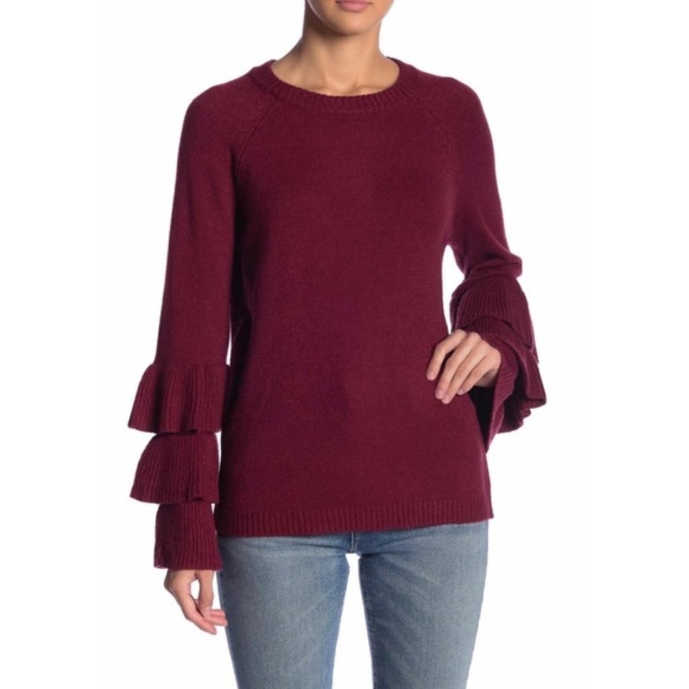 Love Token Ruffle Sleeve Knit Sweater in Burgundy